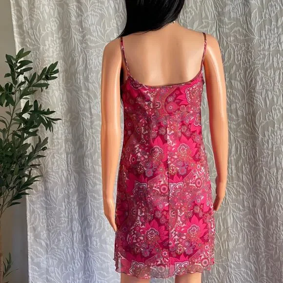 Vintage 90s California Concepts Pink Paisley Mesh Overlay Milkmaid Dress Size M - Picture 6 of 8